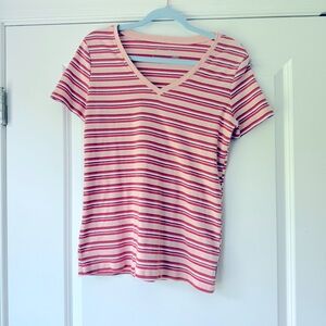 Eddie Bauer Pink Striped Fitted Short Sleeve T-Shirt, V-neck, XL (Runs small)